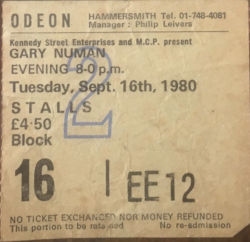 Gary Numan London Ticket 1980
